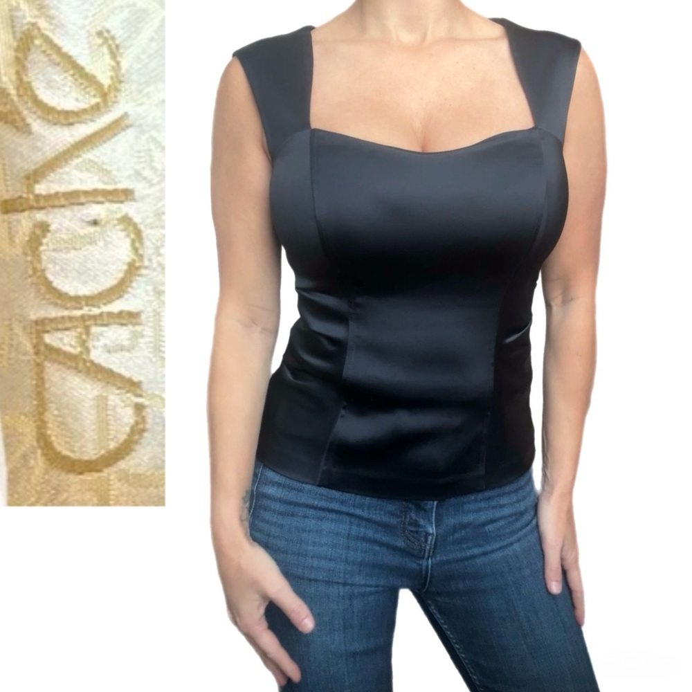 Cache Romantic Black Satin Corset-Style Minimalist Goth Sleeveless Top Small